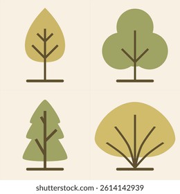 Flat Vector Tree Set in Neutral Green and Yellow Colors on Light Background