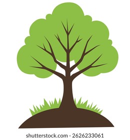 Flat vector tree with wide green crown growing from soil and surrounded by grass, ideal for environment, nature, and reforestation visuals.

