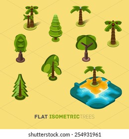 Flat vector trees 3d isometric concept. Deciduous,coniferous and palm trees separately in the background.Sample application location palms on the island. all figures separately.