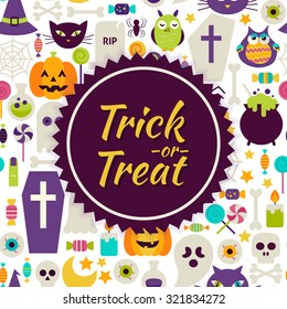Flat Vector Trick or Treat Halloween Background. Flat Style Vector Illustration for Halloween Party Promotion Template. Colorful Scary Objects for Advertising