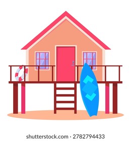Flat vector tropical beach house with surfboard and lifebuoy. Bright summer seaside cottage illustration in modern style.