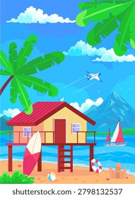 Flat vector tropical beach house on stilts with surfboard, sailboat and ocean. Summer vacation coastal scene.