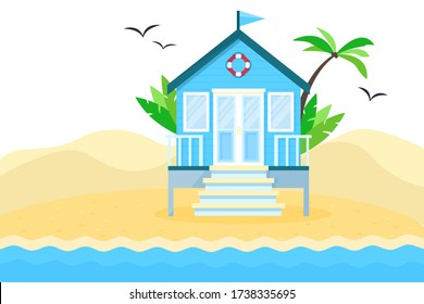 Flat vector tropical illustration of beach hut on sea side landscape. Concept of summer vacation in beach cabin surrounded by tropical plants and palm. Banner for landing page, web, app.