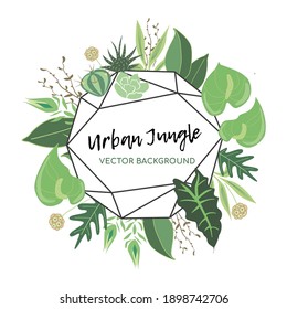 Flat vector tropical polygonal round frame for background with succulents, aloe, anturiums, houseplants and excotic leaves in natural eco green and brown colors. Perfect for urban jungle designs.
