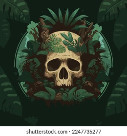 flat vector tropical skull head in green floral jungle  illustration background