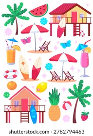 Flat vector tropical summer set with beach houses, cocktails, surfboards and palm trees. Bright vacation collection in colorful style.