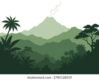 Flat Vector Tropical Volcano Jungle Landscape with Palm Trees and Mountain for Nature Background Design