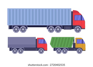 Flat vector truck collection featuring cargo lorry, delivery vehicle, dump truck. Cartoon freight transport set isolated on white background for logistics, shipping, industry concepts.