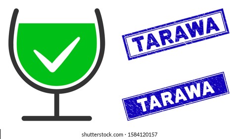 Flat vector true drink glass pictogram and rectangular Tarawa seals. A simple illustration iconic design of True Drink Glass on a white background. Blue Tarawa seals with scratched textures.