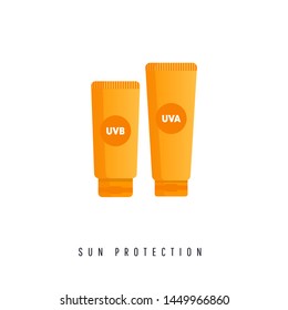 Flat vector tube and bottle with gel or cream for skin protection isolated in white background.
