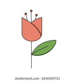 Ilustração De Tulipa De Vetor Plano. Flor Rosa Minimalista com Folha Verde