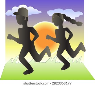 Flat vector of two dark silhouette runners jogging side by side on green grass at sunset. One wears a baseball cap, the other has a long braid. Orange sun, gradient sky from yellow to purple, light clouds. Fitness, outdoor exercise, evening workout. Minimal style.