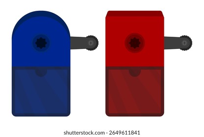 Vetor plano de dois apontadores de lápis de mesa: um azul curvo, um vermelho quadrado. Projetado com profundidade e detalhes.
