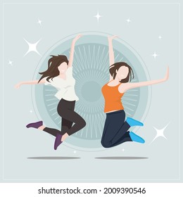 flat vector two girls happy jumping