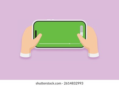 Flat vector of two hands holding smartphone in landscape mode, suitable for gaming or video UI.