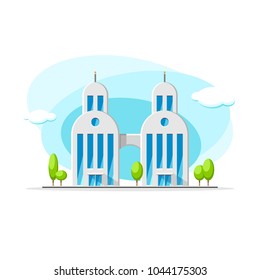 Flat vector of two modern skyscrapers building from glass and concrete colorful illustration. City house, apartment, residential object on isolated white background
