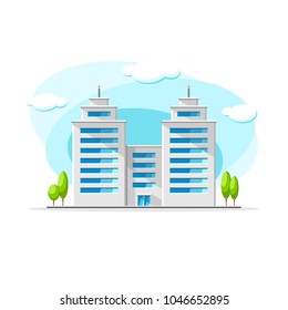 Flat vector of two modern skyscrapers building colorful illustration. City house, apartment, residential object on isolated white background