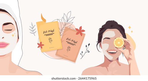 Flat vector of two women enjoying skincare with face masks, one holding a citrus slice, and beauty sheet masks in the background. Aesthetic design for wellness, beauty care, and healthy lifestyle