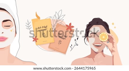 Flat vector of two women enjoying skincare with face masks, one holding a citrus slice, and beauty sheet masks in the background. Aesthetic design for wellness, beauty care, and healthy lifestyle