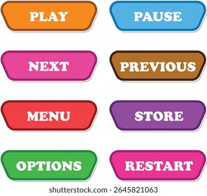 Botão Flat Vetor UI (Interface do Usuário de Vetor Simples) com play, pause, next (Reproduzir, pausar, próximo), menu, store and restart button (Armazenar e reiniciar). Estilo minimalista e moderno para sites ou aplicativos. Pode ser usado para sites ou aplicativos de jogos e crianças.