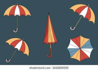 Flat vector umbrella set featuring colorful rain protection icons, hand-drawn cartoon style, rainy season illustrations, open and closed umbrellas, perfect for design kits and seasonal themes

