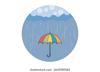 Flat vector umbrella under rain, cartoon-style illustration in soft pastel tones for seamless rainy backgrounds, kids graphics, baby book themes, and nursery visuals

