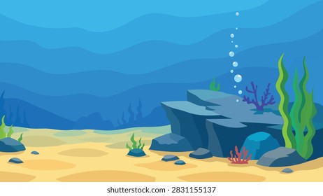 Flat Vector Underwater Sea Landscape Background With Sandy Bottom Rocks And Seaweed