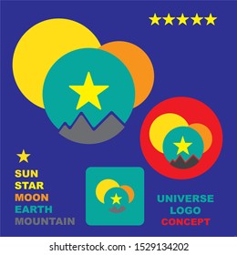 Flat vector  universe logo. Sun, star, moon, and earth icon set. Isolated star logo design. Logo design element.  Universe element illustration.