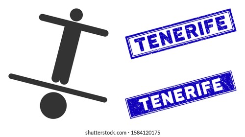 Flat vector unstable man pictogram and rectangular Tenerife seal stamps. A simple illustration iconic design of Unstable Man on a white background. Blue Tenerife seal stamps with rubber surface.