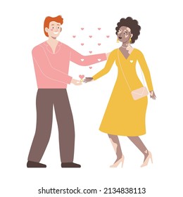 A Flat Vector Unusual Couple: A Red-haired Man And A Woman With Vitiligo. Love. Concept. Isolated.