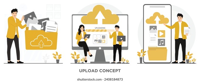 Flat vector upload file to cloud system file document concept illustration  