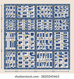 Flat vector urban block subdivision plan with 3 blocks of fine grain parcels, road bands and centrelines, building outlines held inside each lot and the frontage marked out, blank number plates and short rules instead of lettering, drawn in navy cream colors for land and property reference figures.