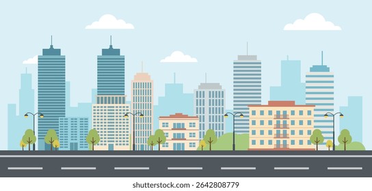 Flat Vector Urban Cityscape with Colorful Buildings, Trees, and Street Lights, Modern Downtown Skyline in Daytime Scene