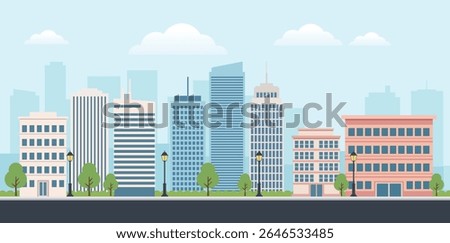Flat Vector Urban Cityscape with Office and Residential Buildings, Street View with Trees and Street Lamps in Daytime