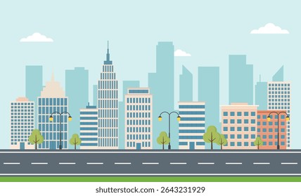 Flat Vector Stadtlandschaft mit Straße, Bäumen und modernen Gebäuden, Vorderansicht der detaillierten City Street Szene