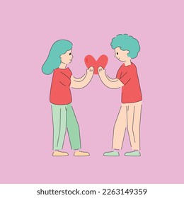 flat vector valentine, girl and boy romance style design cute