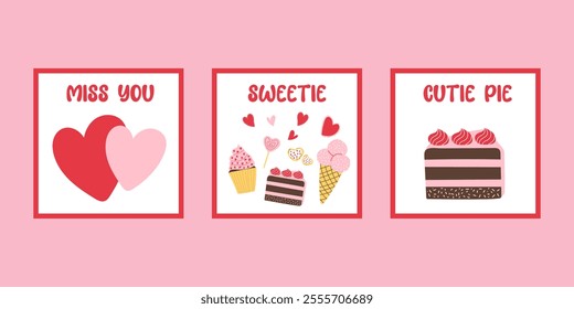 Flat Vector Valentine's Day Card Collection,Adorable Designs. Hearts, sweets, cupcake, lollipop, cake, ice cream