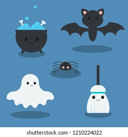 Flat vector of a various kawaii and very cute halloween icons. A spider, a ghost, a witch's cauldron, a bat and a witch's broom.