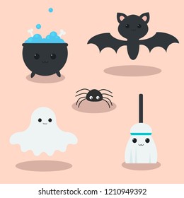 Flat vector of a various kawaii and very cute halloween icons. A spider, a ghost, a witch's cauldron, a bat and a witch's broom.