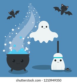Flat vector of a various magical kawaii and very beautiful halloween icons. A spider, a ghost, a witch's cauldron, a bat and a witch's broom.