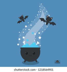 Flat vector of a various magical kawaii and very beautiful halloween icons. A magical cauldron, some bats and a spider.