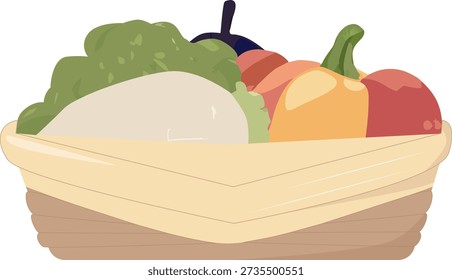Flat vector vegetable harvest set: tomatoes, carrots, lettuce, cucumbers, peppers, zucchini, pumpkin. Textured style, rich natural colors, simple shapes, cozy farm aesthetic