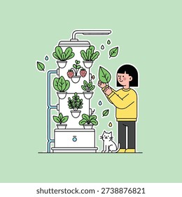 Flat Vector Vertical Hydroponics Garden Scene