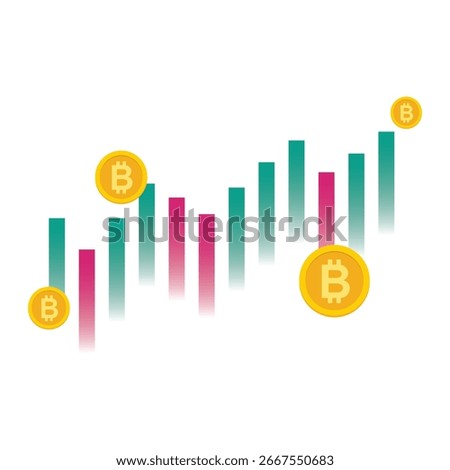 Flat vector of vertical teal magenta bars fading at the bottom with Bitcoin coin icons representing crypto price trend, trading volume, and market growth
