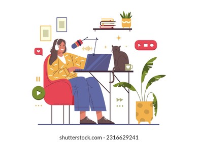 Flat vector for video or audio dub. Illustration of actor at dubbing or streamer casting. Cartoon woman recording track or podcasting at studio or agency. Radio podcasting, entertainment broadcasting