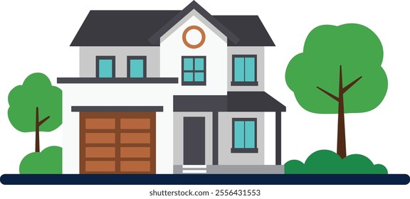 Flat Vector Villa Design With Garage White Background