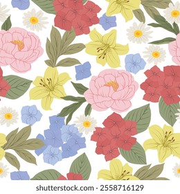 Flat vector vintage flowers seamless pattern