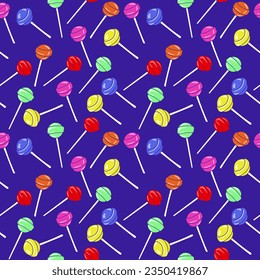 Flat vector vintage lollipop seamless pattern. Vibrant sweets in retro 90s neon colored style. Colored candies on blue background. Ideal for decoration, kids textile, wrapping, background, home decor