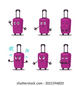 Flat vector violet suitcase pack. Travel bag on wheells emotions set.