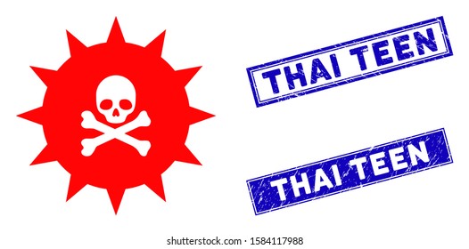 Flat vector viral toxin icon and rectangle Thai Teen seals. A simple illustration iconic design of Viral Toxin on a white background. Blue Thai Teen seals with corroded textures.
